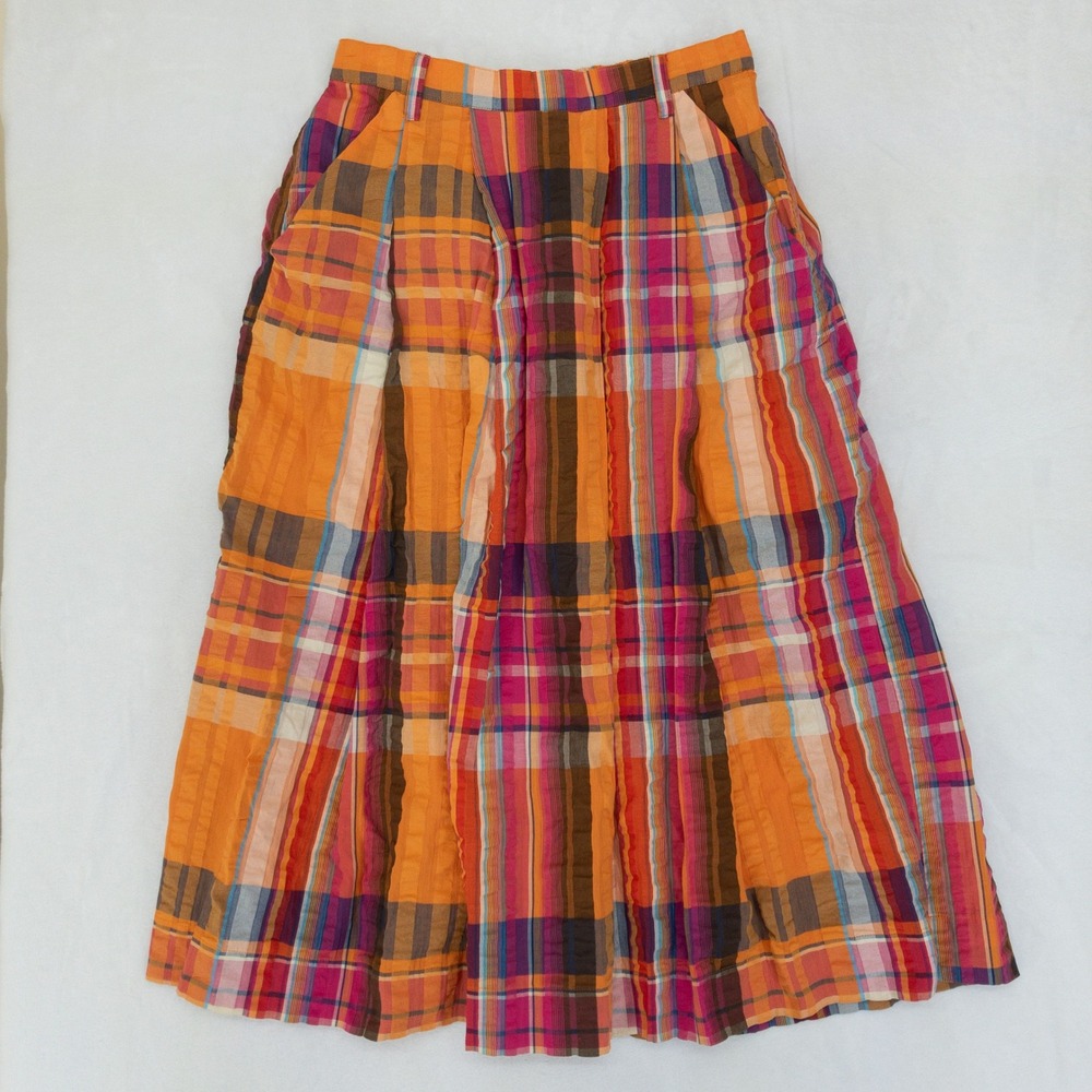 Maeve Plaid Skirt Womens Medium Orange Pink Pleated Midi Pockets Anthropologie